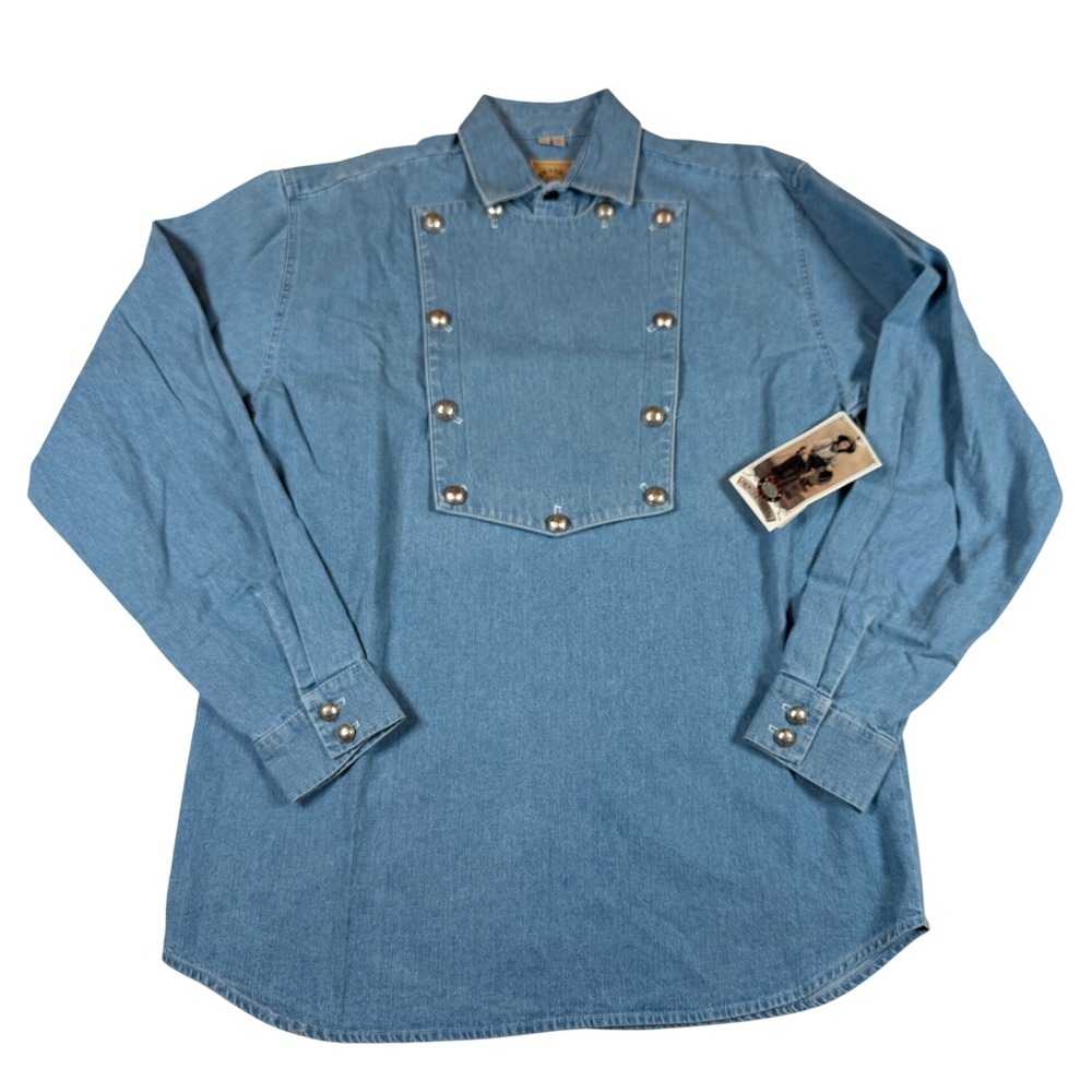 Vtg Wah Maker Frontier Clothing Mens Denim Button Bib Shirt USA NWT Western Med